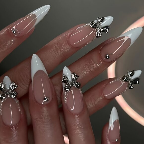 24pcs Almond Shape French Tip Press-On Nails with 3D Alloy Bows & Pearls, White - Picture 3 of 5